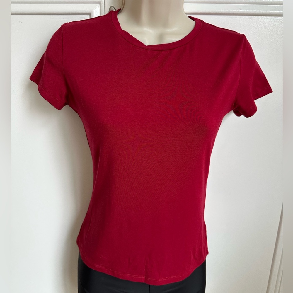 Deep Red Casual Chic Crew Neck Fitted Seamless Basic Essential Top. Size Small